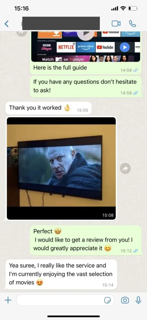 Buzz IPTV customer WhatsApp feedback screenshot Wtsp1 high quality streaming on Buzz IPTV Canada