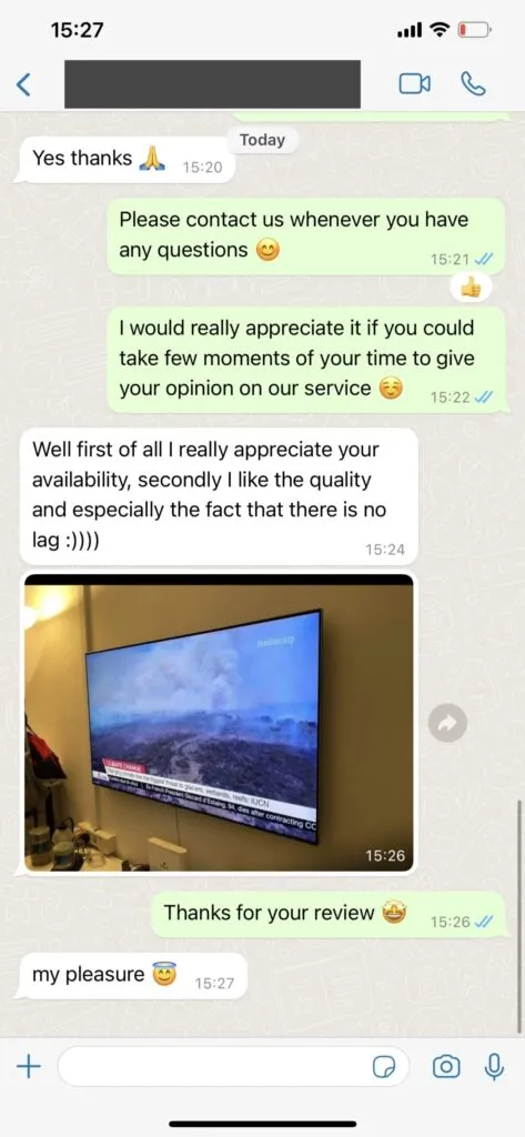 Buzz IPTV customer WhatsApp feedback screenshot Wtsp2 high quality streaming on Buzz IPTV Canada
