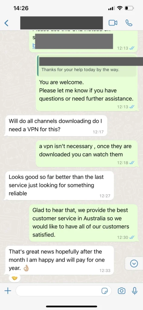 Buzz IPTV customer WhatsApp feedback screenshot Wtsp3 high quality streaming on Buzz IPTV Canada